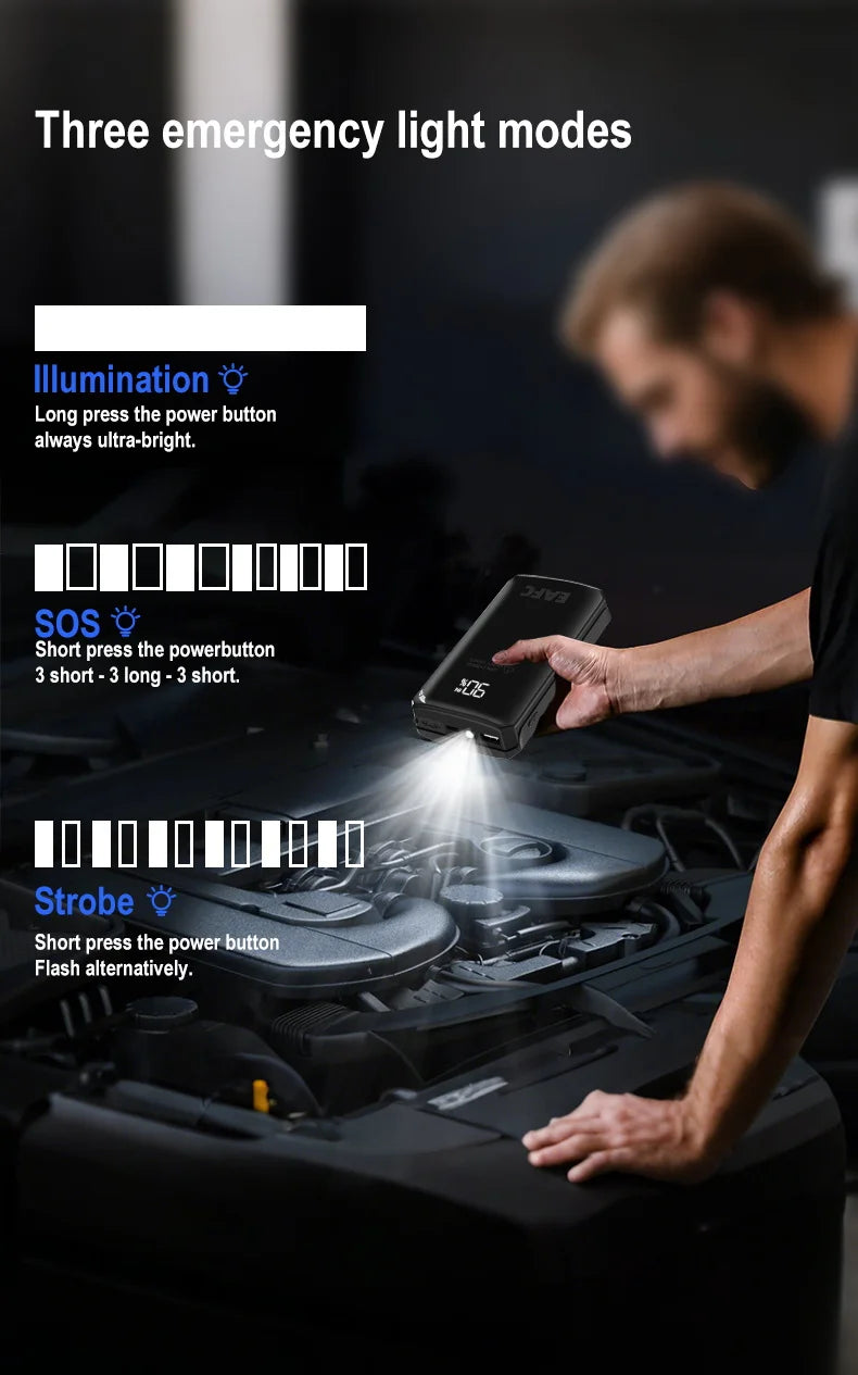 DriveStart Pro™ | Arrancador de Batería Portátil 1000A con Power Bank y Luz LED SOS