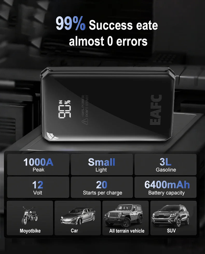 DriveStart Pro™ | Arrancador de Batería Portátil 1000A con Power Bank y Luz LED SOS