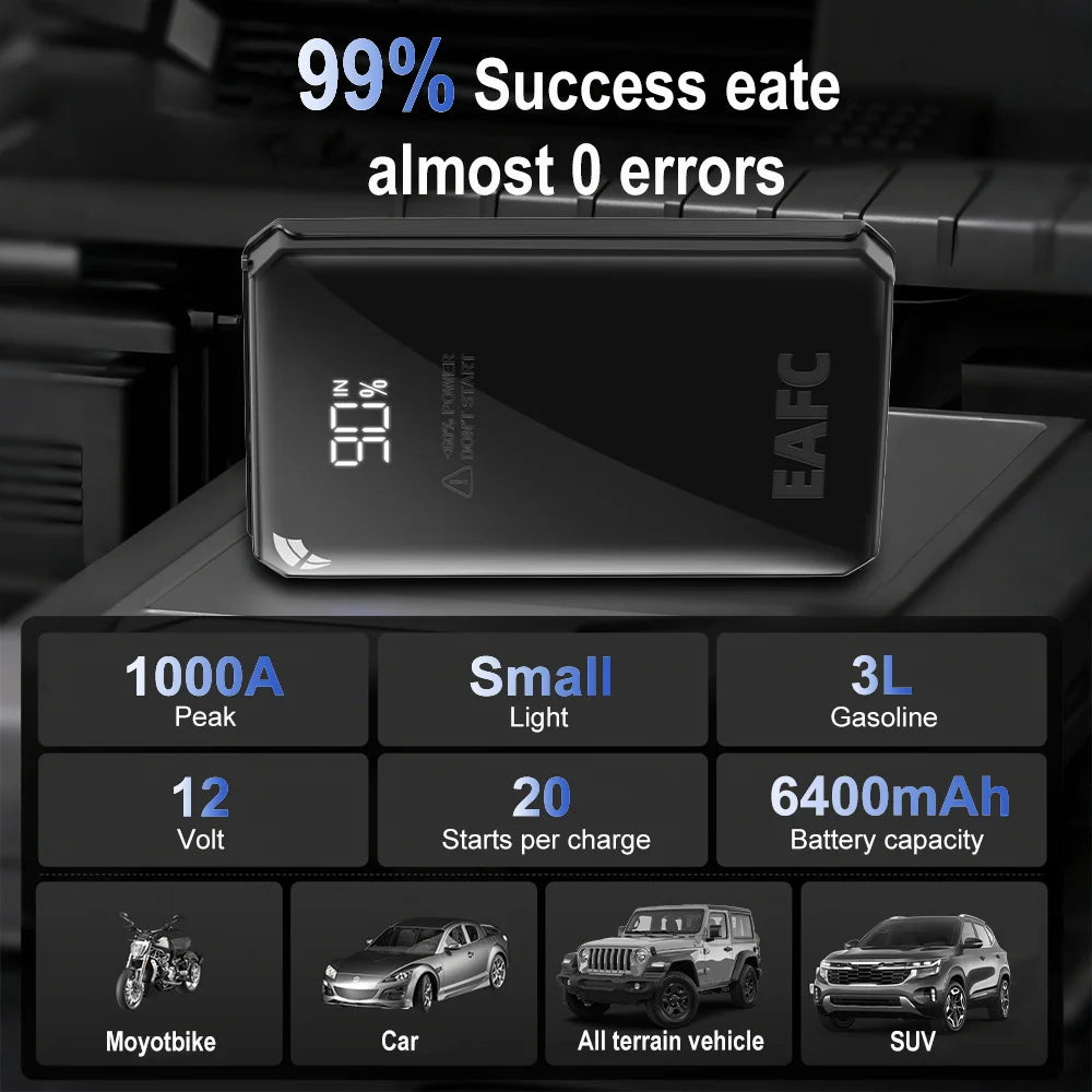 Arrancador de Batería Portátil 1000A - Power Bank para Auto con Luz LED